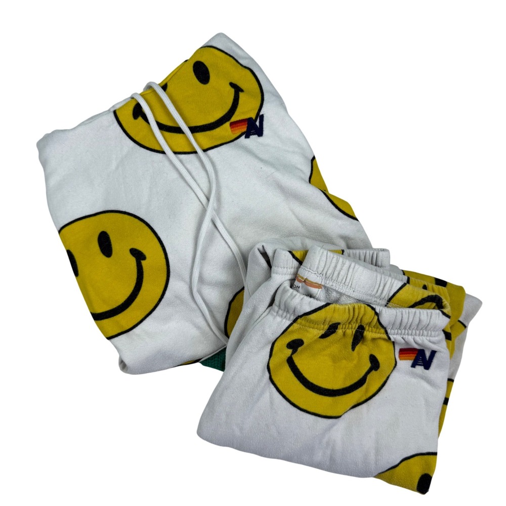 Aviator Nation Smiley Face‎ Hoodie Matching Sweat Set White Unisex Size Medium